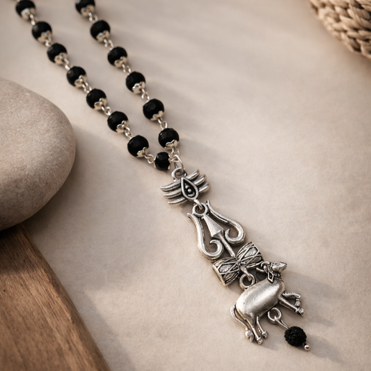 Karungali Mala with Trishool & Nandi Pendant – Natural Ebony Wood Spiritual Protection Necklace