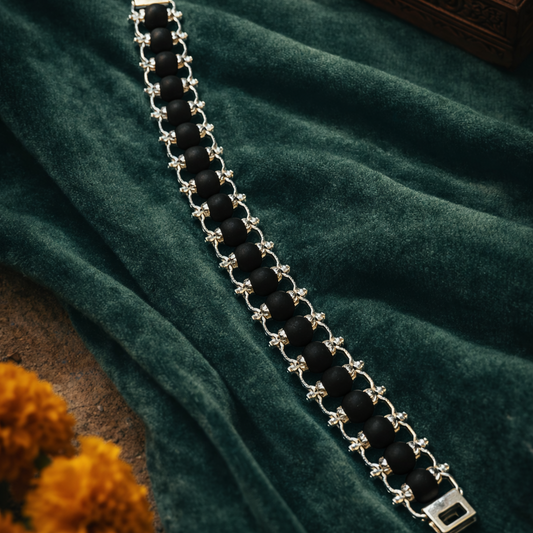 Silver-Plated Karungali Bracelet – Natural Ebony Wood Modern Spiritual Protection Jewelry