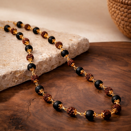 Natural Karungali & Rudraksha Mala with Gold Finish – Sacred Healing Necklace