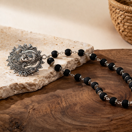 Natural Karungali Vetri Mala with Murugan Pendant – Silver-Plated Protection & Energy Necklace