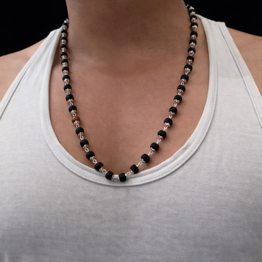 Silver-Plated Karungali Beads Mala – Authentic Ebony Wood Necklace for Protection