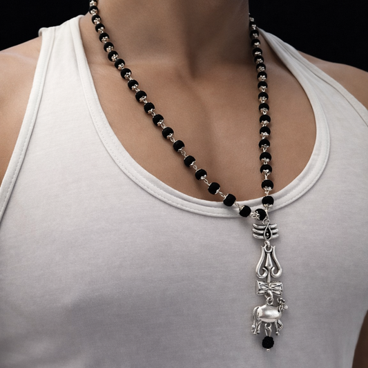 Karungali Mala with Trishool & Nandi Pendant – Natural Ebony Wood Spiritual Protection Necklace