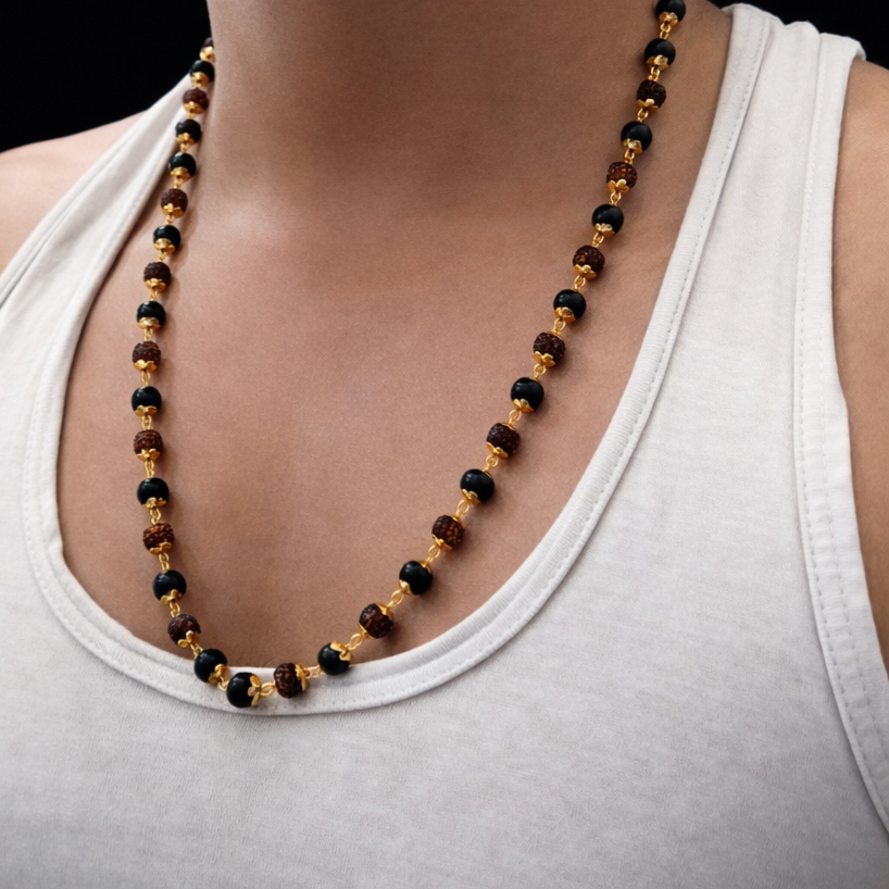 Natural Karungali & Rudraksha Mala with Gold Finish – Sacred Healing Necklace