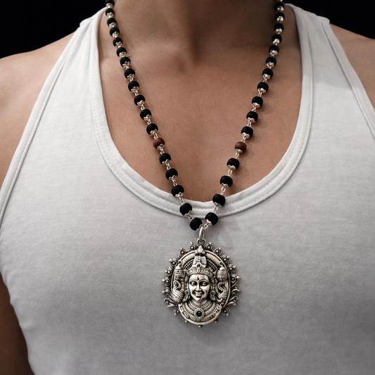 Natural Karungali Vetri Mala with Murugan Pendant – Silver-Plated Protection & Energy Necklace