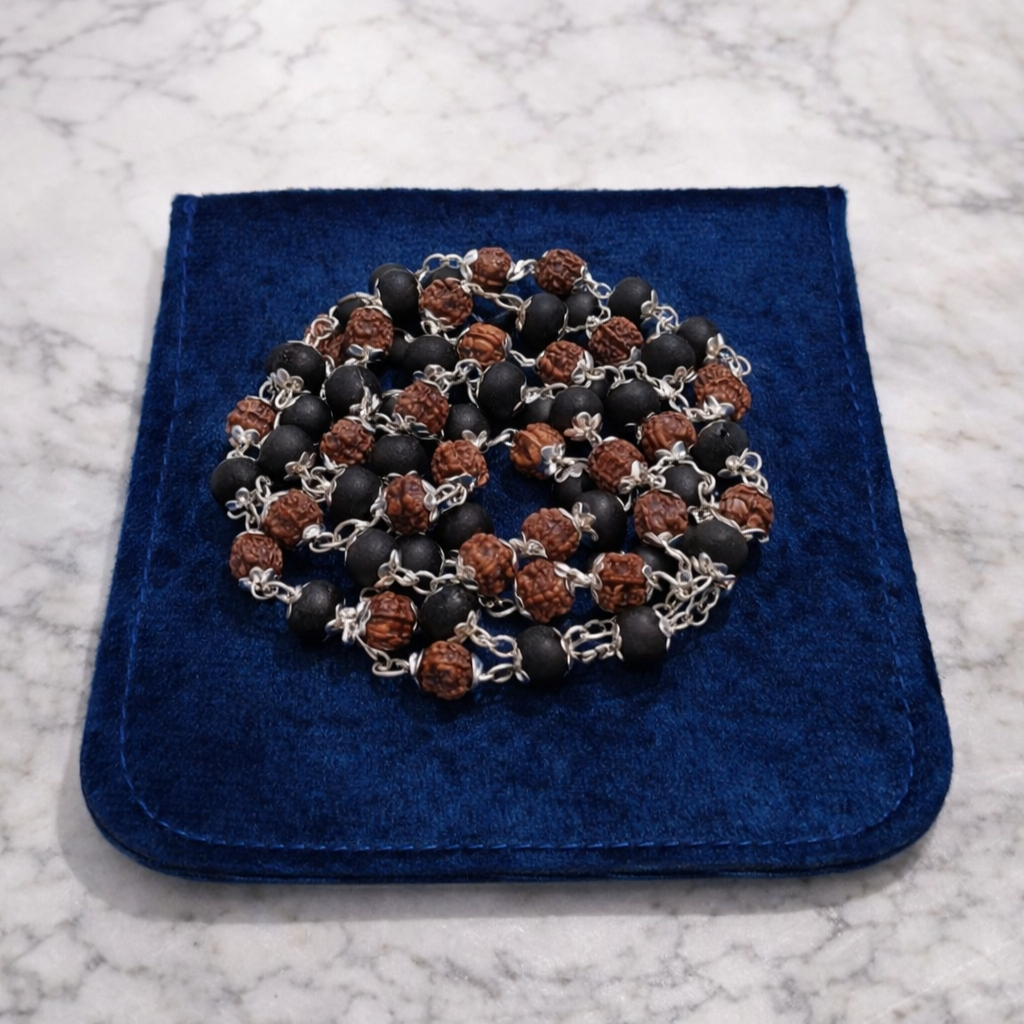 Authentic Rudraksha Karungali Mala (Silver Plated) – Spiritual Balance & Positivity Necklace