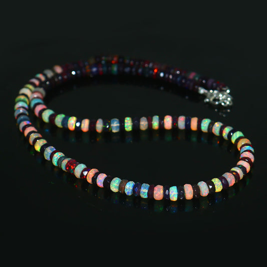 Natural Multi-Color Ethiopian Opal Rondelle Necklace – Brilliant Fire Gemstone Jewelry