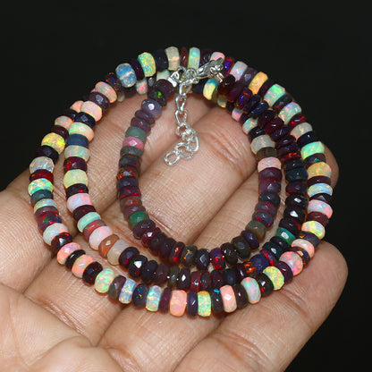 Natural Multi-Color Ethiopian Opal Rondelle Necklace – Brilliant Fire Gemstone Jewelry