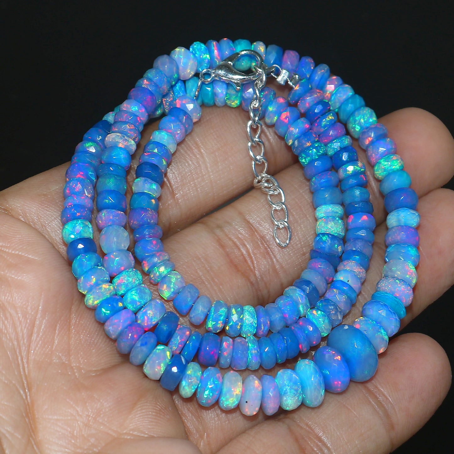 Natural Blue Ethiopian Opal Rondelle Necklace – Fiery Gemstone Jewelry | Unique Gift for Her